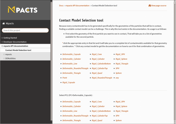 Contact model selector tool in the redesigned documentation